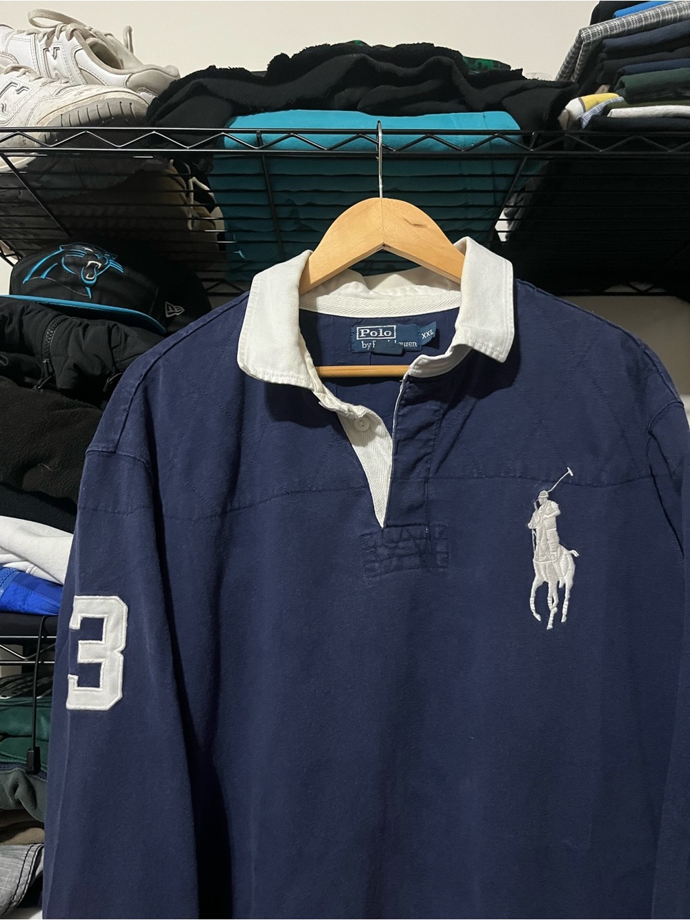 Ralph Lauren Navy Rugby Shirt with White Collar & White Logo
